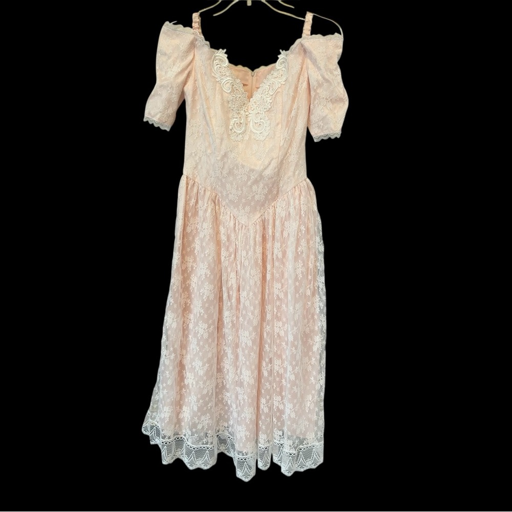 VTG Gunne Sax Jessica McClintock Dress Sz 5 Pink White Lace Floral Prairie PROM